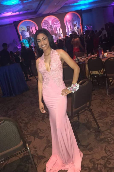 Romantic Pink Halter Lace Appliques Backless Long Prom Dresses - Prom Dresses