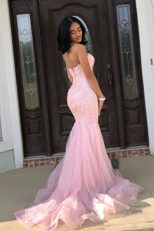Romantic Pink Sweetheart Sleeveless Lace Mermaid Prom Dresses with Train - Prom Dresses