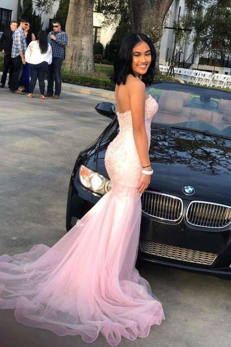 Romantic Pink Sweetheart Sleeveless Lace Mermaid Prom Dresses with Train - Prom Dresses