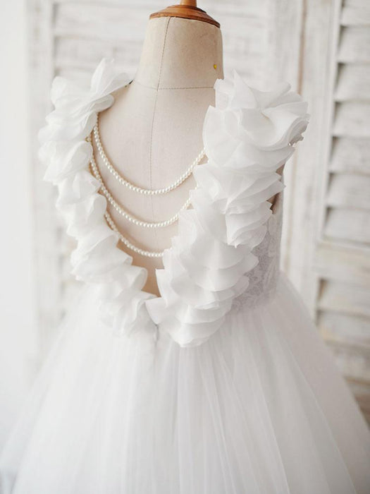 Flower Girl Dresses Ecru White Jewel Neck Sleeveless Pearls Kids Party Dresses