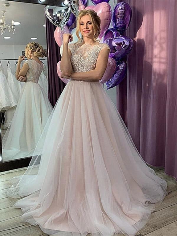 Romantic Short Sleeve Lace A-Line Wedding Dresses - Ivory / Floor Length - wedding dresses