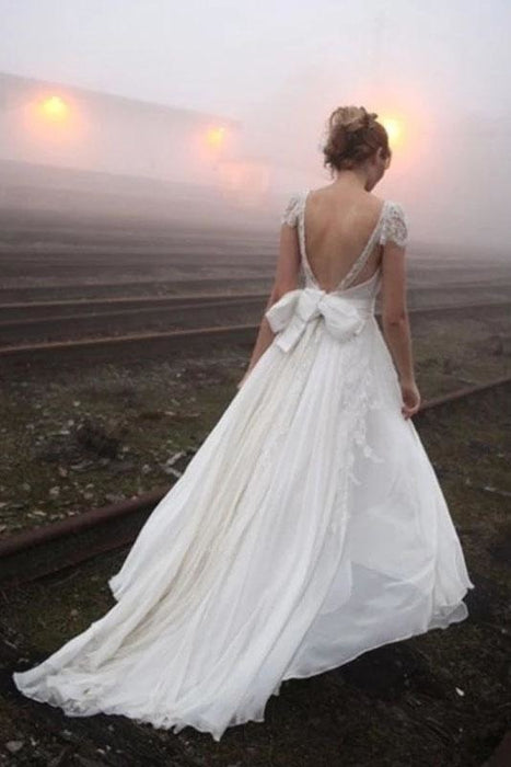 Romantic V Neck Cap Sleeves Chiffon Beach Wedding Dress - Wedding Dresses