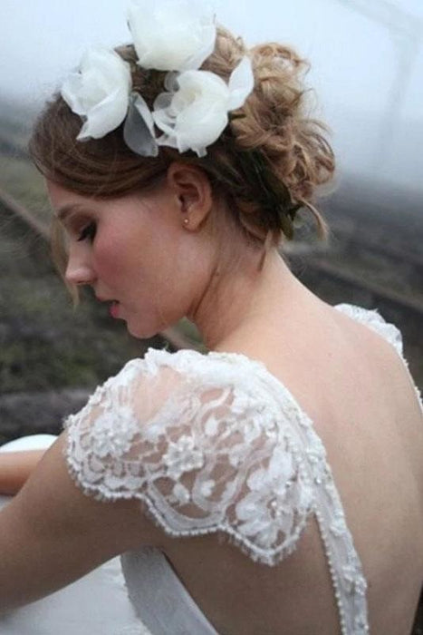 Romantic V Neck Cap Sleeves Chiffon Beach Wedding Dress - Wedding Dresses