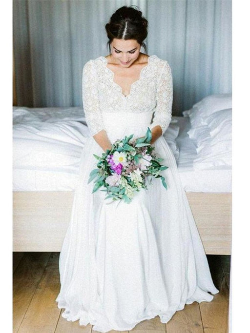 Romantic V Neck Chiffon Lace A Line Wedding Dresses - White / Floor Length - wedding dresses