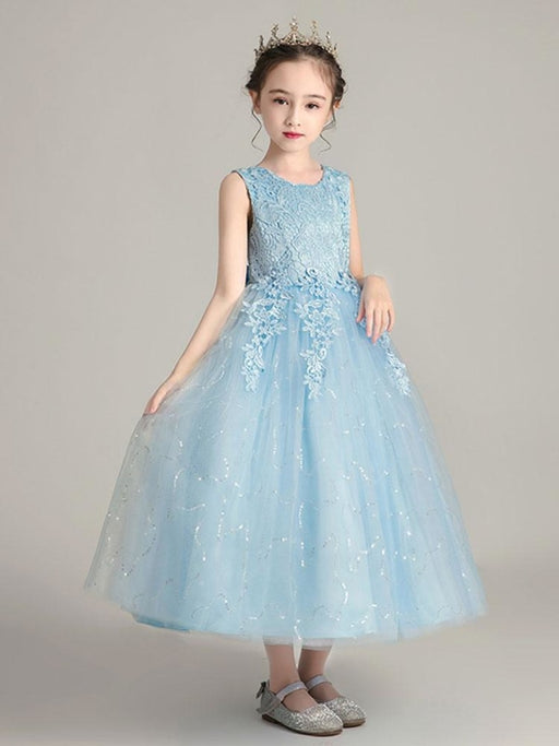 Flower Girl Dresses Jewel Neck Polyester Sleeveless Ankle Length Ball Gown Bows Kids Party Dresses