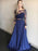 Round Neck 2 Pieces Long Sleeves Lace Blue Long Prom Dresses, 2 Pieces Blue Lace Formal Dresses, Graduation Dresses