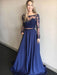 Round Neck 2 Pieces Long Sleeves Lace Blue Long Prom Dresses, 2 Pieces Blue Lace Formal Dresses, Graduation Dresses