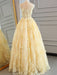 Round Neck Appliques Yellow Lace Prom Dresses, Yellow Lace Formal Dresses, Yellow Evening Dresses