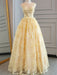 Round Neck Appliques Yellow Lace Prom Dresses, Yellow Lace Formal Dresses, Yellow Evening Dresses