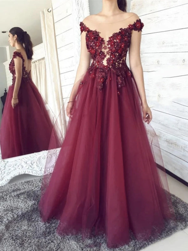 Round Neck Backless Burgundy Floral Lace Long Prom, Floral Burgundy La ...