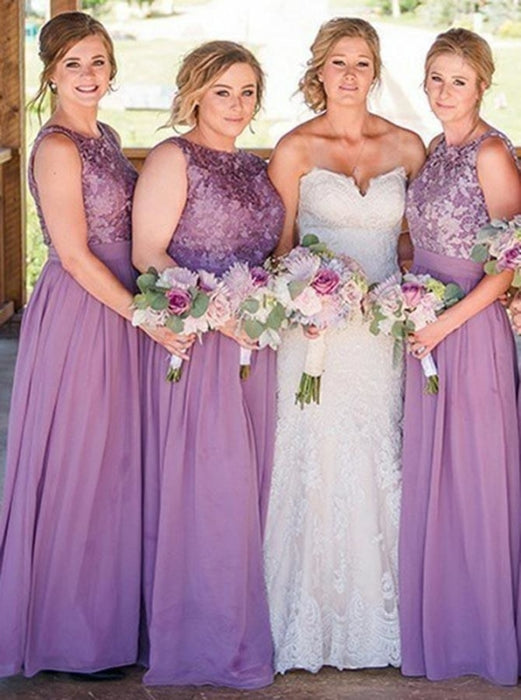 Round Neck Floor Length Purple Chiffon Bridesmaid Dress - Bridesmaid Dresses