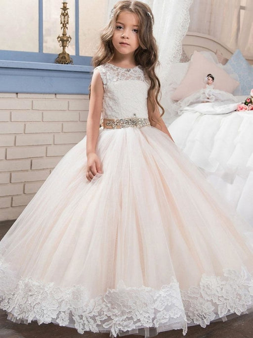 Flower Girl Dresses Jewel Neck Lace Sleeveless Ankle Length Ball Gown Studded Kids Pageant Dresses