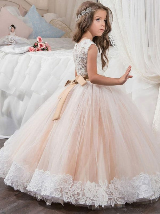 Flower Girl Dresses Jewel Neck Lace Sleeveless Ankle Length Ball Gown Studded Kids Pageant Dresses