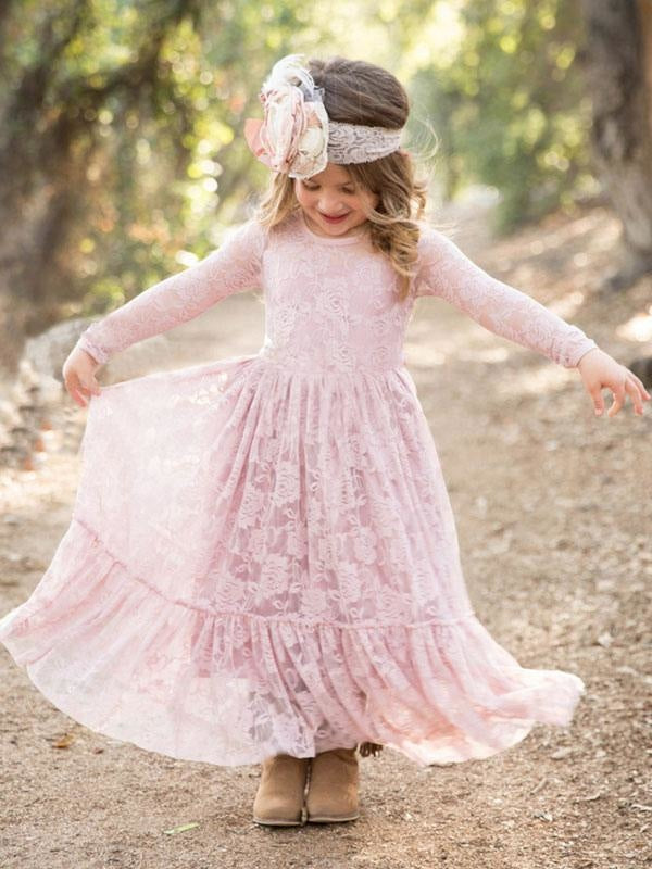 Flower Girl Wedding Dress Lace Pink Round Neck Long Sleeve Ankle Length Kids Party Dresses