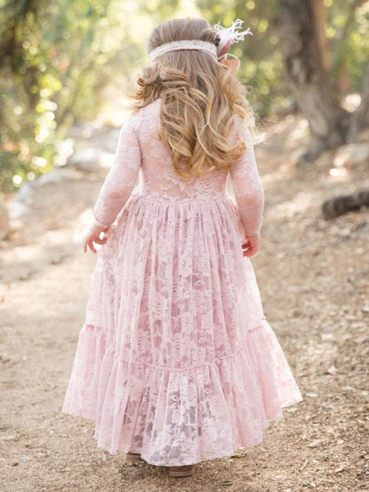 Flower Girl Wedding Dress Lace Pink Round Neck Long Sleeve Ankle Length Kids Party Dresses