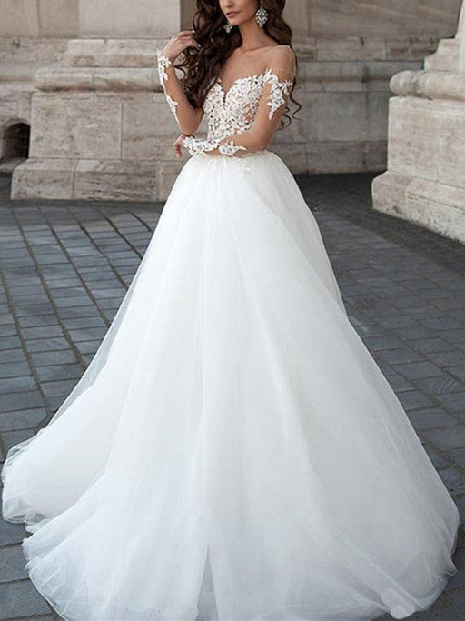 Round Neck Long Sleeves Backless Lace White Wedding Dresses, Lace White Prom Dresses, Prom Gown, Formal Dresses