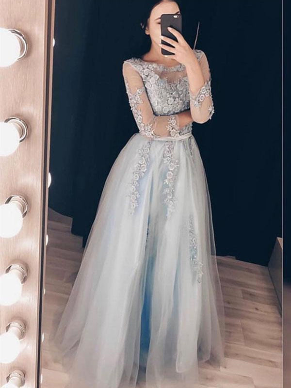 Strapless Gray Lace Long Prom Dresses, Gray Lace Formal Dresses, Grey Evening Dresses main image 0