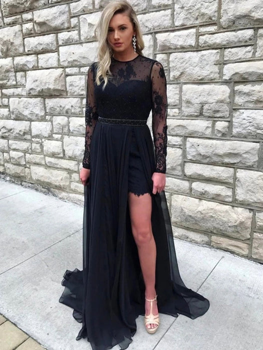 Round Neck Long Sleeves Open Back Lace Black Prom with Slit, Long Slee Bridelily Round Neck Long Sleeves Open Back Lace Black Prom with Slit, Long Slee Bridelily