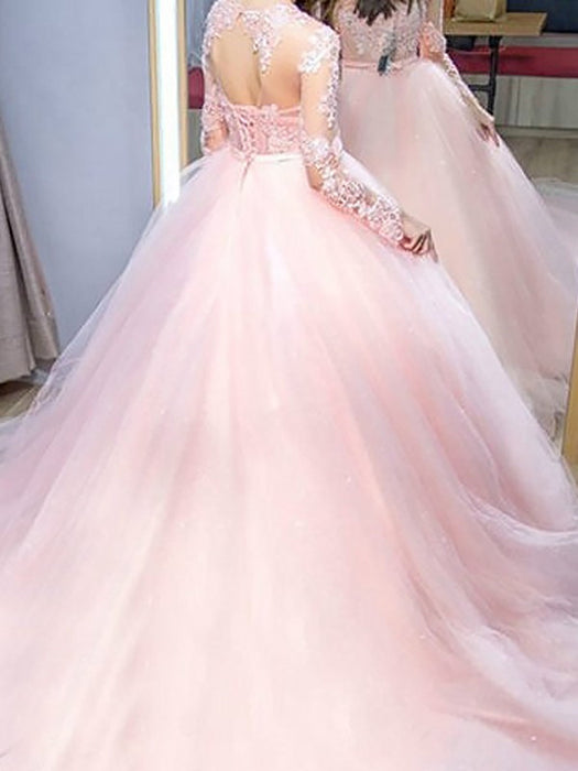 Round Neck Long Sleeves Pink Lace Long Prom Dresses, Long Sleeves Pink Formal Evening Dresses, Pink Lace Ball Gown 