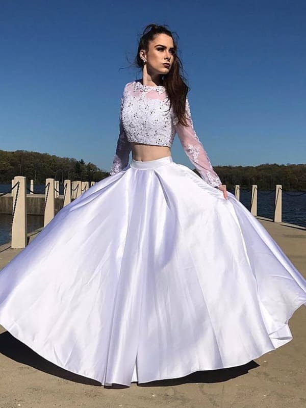 chinese dress ladies White Lace Juniors Prom Dress Two Piece Homecoming Dress