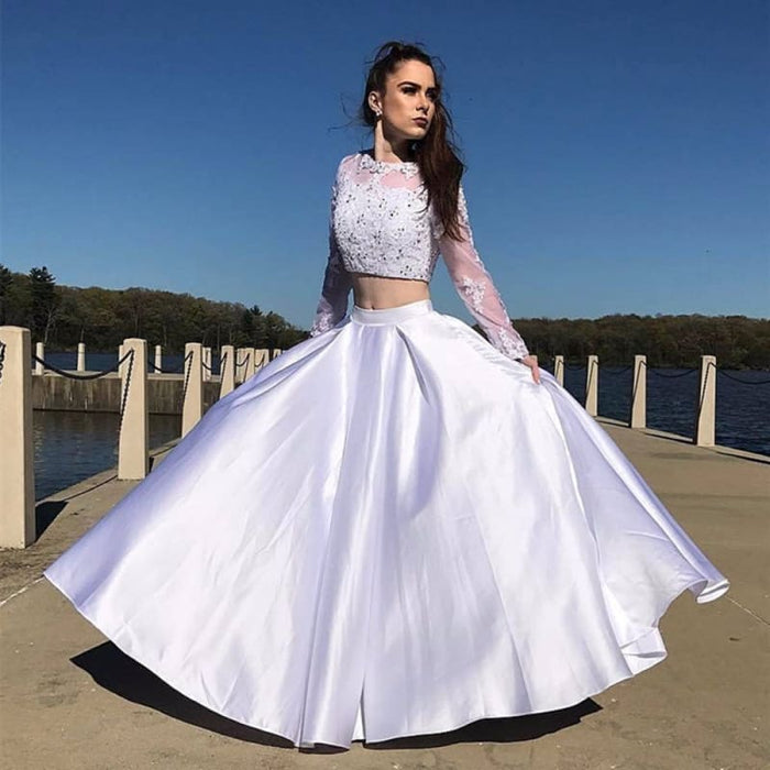 Round Neck Long Sleeves Two Pieces Lace White Prom, Long Sleeves White Bridelily Round Neck Long Sleeves Two Pieces Lace White Prom, Long Sleeves White Bridelily