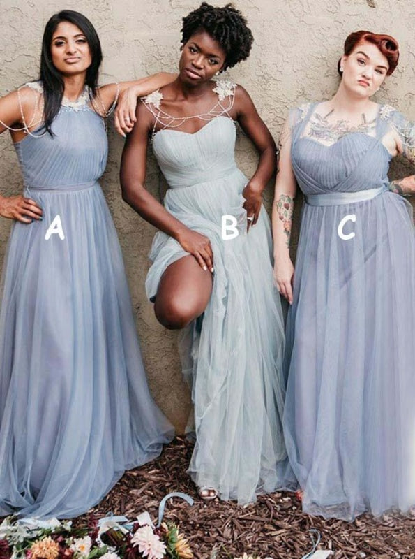 Round Neck Pleated Long Blue Tulle Bridesmaid Dress - Bridesmaid Dresses