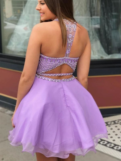 Round Neck Two Pieces Beaded Purple Short Prom Dresses Homecoming Dresses, Two Pieces Beaded Purple Formal Graduation Evening Dresses