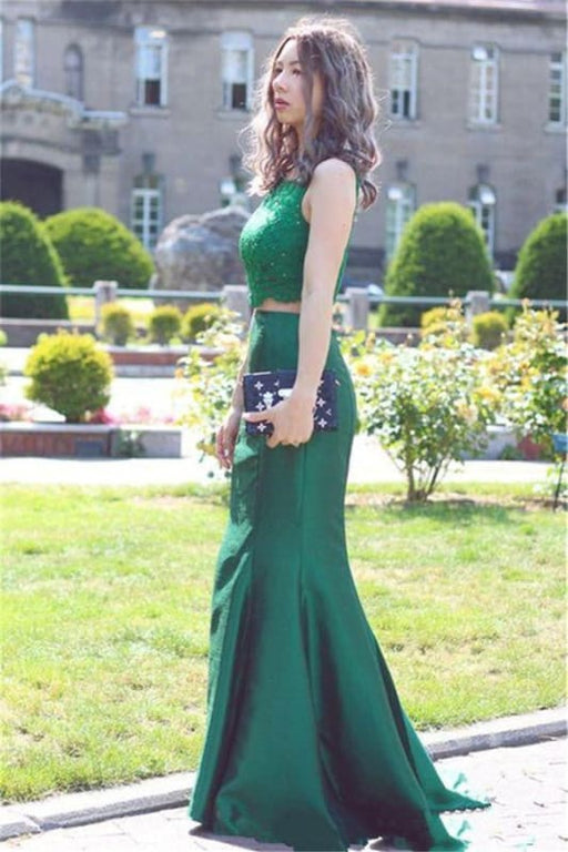 Round Neck Two Pieces Mermaid Beaded Lace Green Prom Dresses, Mermaid Lace Green Formal Dresses, Green Evening Dresses