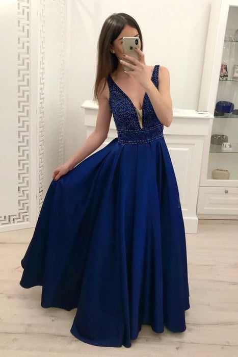 Royal Blue A Line Satin Prom Sparkly Beading Sleeveless Party Dresses - Prom Dresses