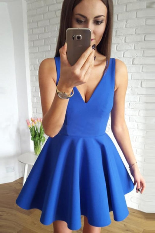 Royal Blue A Line V-Neck Short Homecoming Dress with Ruched Mini Prom Dresses - Prom Dresses