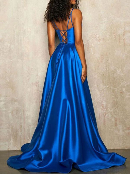 Royal Blue Evening Dress A Line V Neck With Train Sleeveless Backless Split Front Satin Fabric Social Party Dresses(APP ExclusivePrice  $153.99)