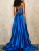 Royal Blue Evening Dress A Line V Neck With Train Sleeveless Backless Split Front Satin Fabric Social Party Dresses(APP ExclusivePrice  $153.99)