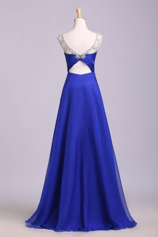 Royal Blue Floor Length Chiffon Prom Rhinestone Belt Evening Dress with Pleats - Prom Dresses