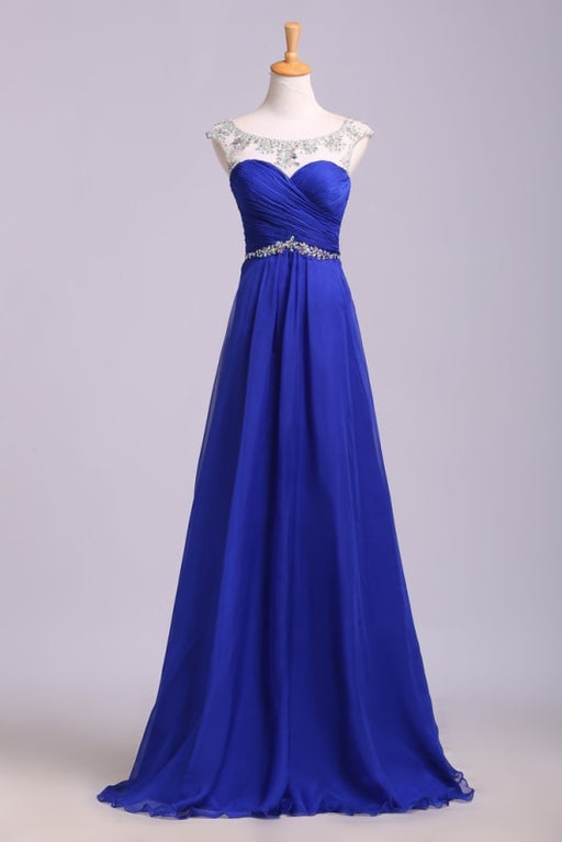 Royal Blue Floor Length Chiffon Prom Rhinestone Belt Evening Dress with Pleats - Prom Dresses