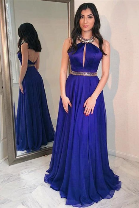 Royal Blue Floor Length Jewel Long Prom with Beads Sexy Backless Evening Dress - Prom Dresses