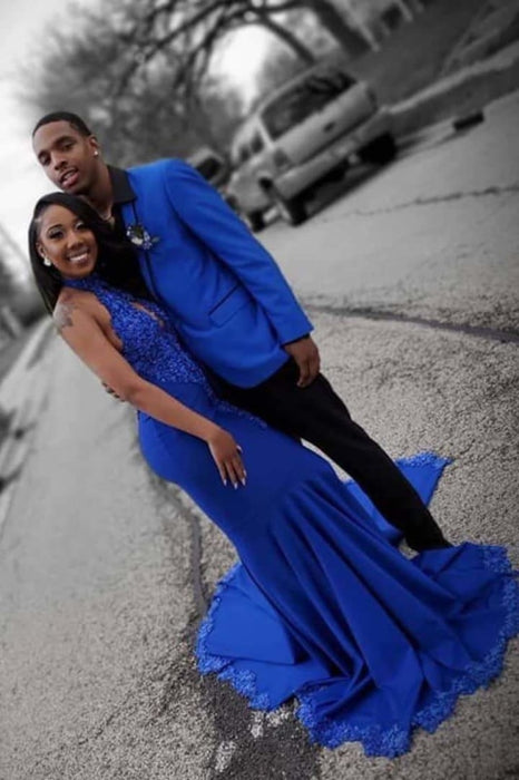 Royal Blue Halter Sleeveless Open Back Long Prom Dresses with Lace Appliques - Prom Dresses