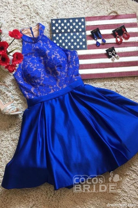 Royal Blue High Neck Satin Short Homecoming with Lace Top Cute Prom Dress - Prom Dresses