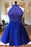 Royal Blue High Neck Satin Short Homecoming with Lace Top Cute Prom Dress - Prom Dresses