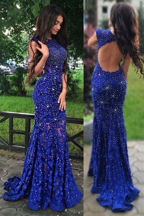 Royal Blue Jewel Sweep Train Lace Backless Mermaid Prom Dress with Beading - Prom Dresses