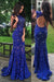 Royal Blue Jewel Sweep Train Lace Backless Mermaid Prom Dress with Beading - Prom Dresses