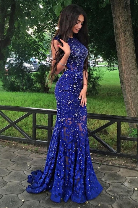Royal Blue Jewel Sweep Train Lace Backless Mermaid Prom Dress with Beading - Prom Dresses