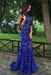 Royal Blue Jewel Sweep Train Lace Backless Mermaid Prom Dress with Beading - Prom Dresses