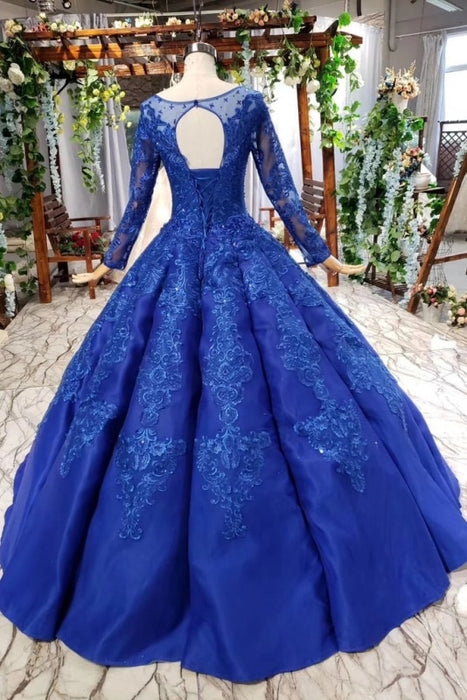 Royal Blue Long Sleeves Ball Gown Prom Dresses Puffy Quinceanera Dress with Appliques - Prom Dresses