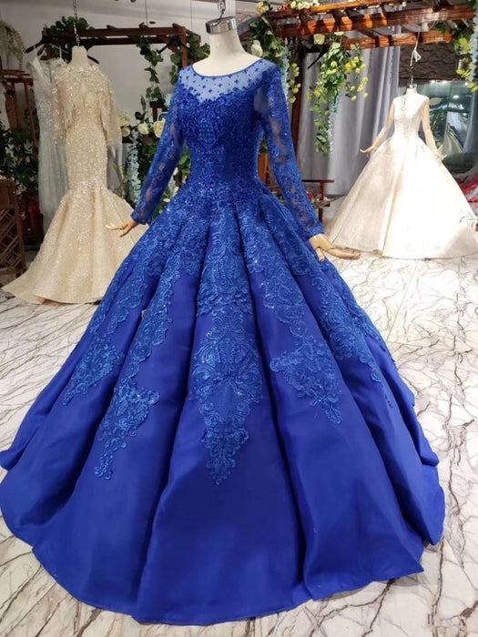 Royal Blue Long Sleeves Ball Gown Prom Dresses Puffy Quinceanera Dress with Appliques - Prom Dresses