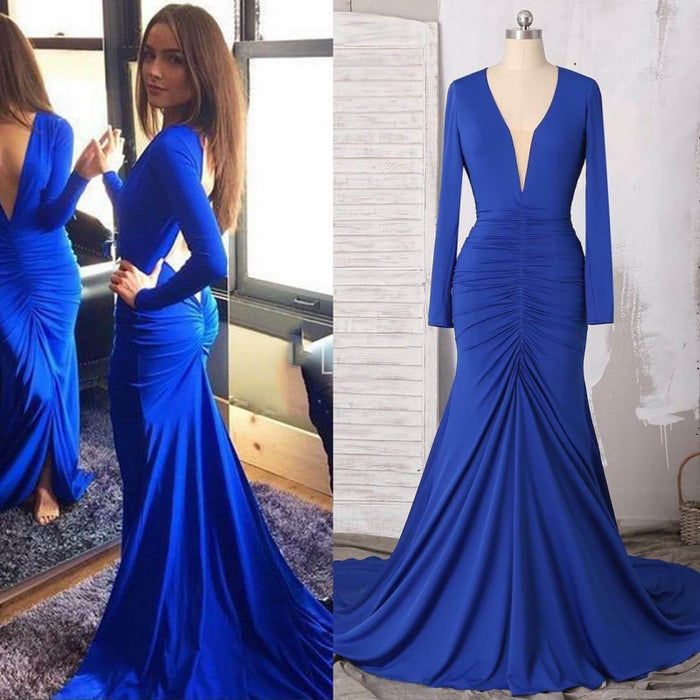 Royal Blue Long Sleeves V-Neck Open Back Mermaid Prom Dress - Prom Dresses