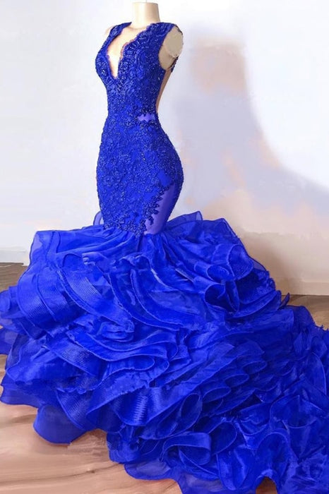 Royal Blue Mermaid Long Ruffles Prom Dresses - Prom Dresses