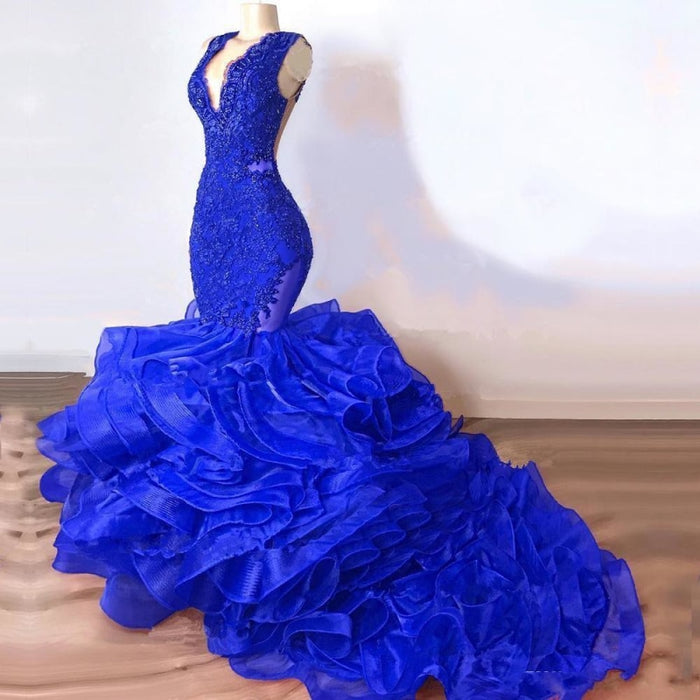 Royal Blue Mermaid Long Ruffles Prom Dresses - Prom Dresses