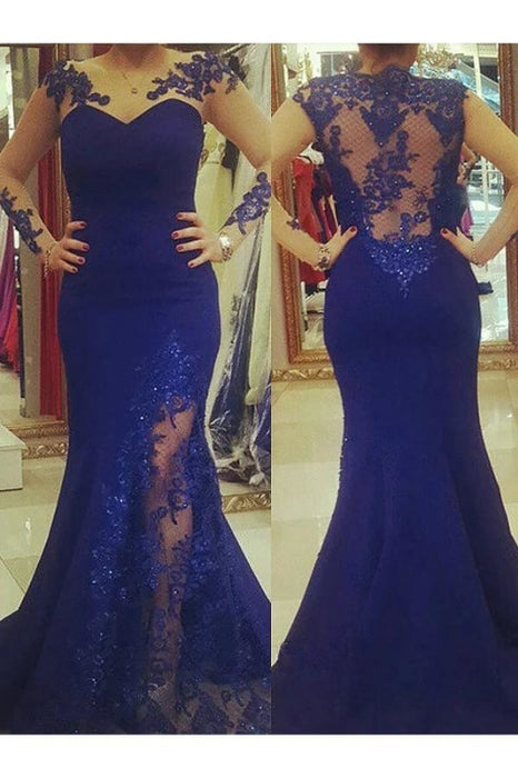 Royal Blue Mermaid Prom Sheer Sleeves Plus Size Dress with Lace - Prom Dresses