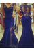 Royal Blue Mermaid Prom Sheer Sleeves Plus Size Dress with Lace - Prom Dresses