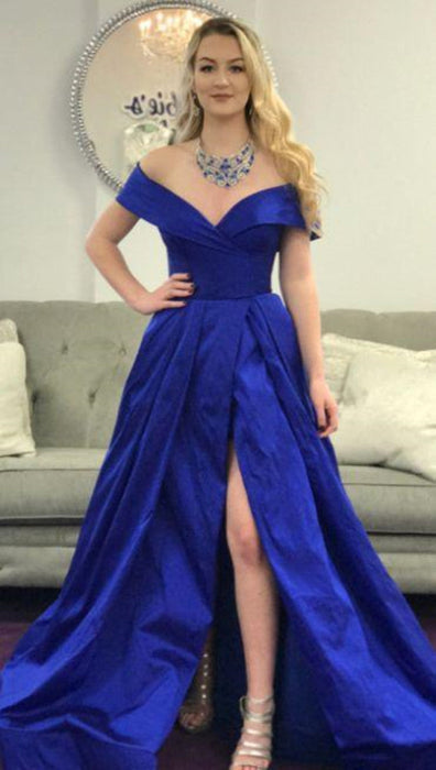 Royal Blue Off Shoulder Satin Long Prom with High Slit, Off Shoulder R Bridelily Royal Blue Off Shoulder Satin Long Prom with High Slit, Off Shoulder R Bridelily